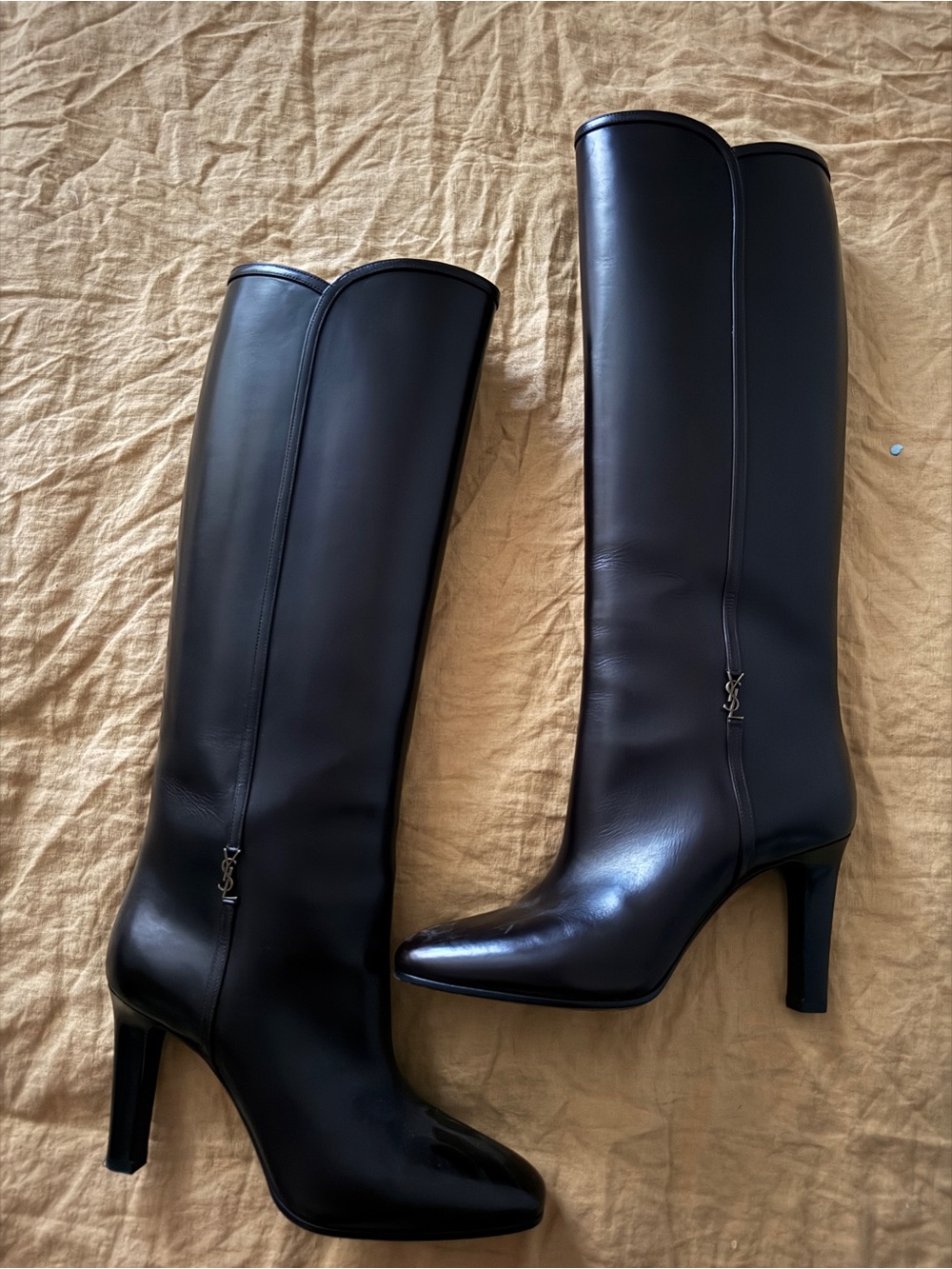 Saint Laurent Black/Brown Leather Knee-High Heeled Boots